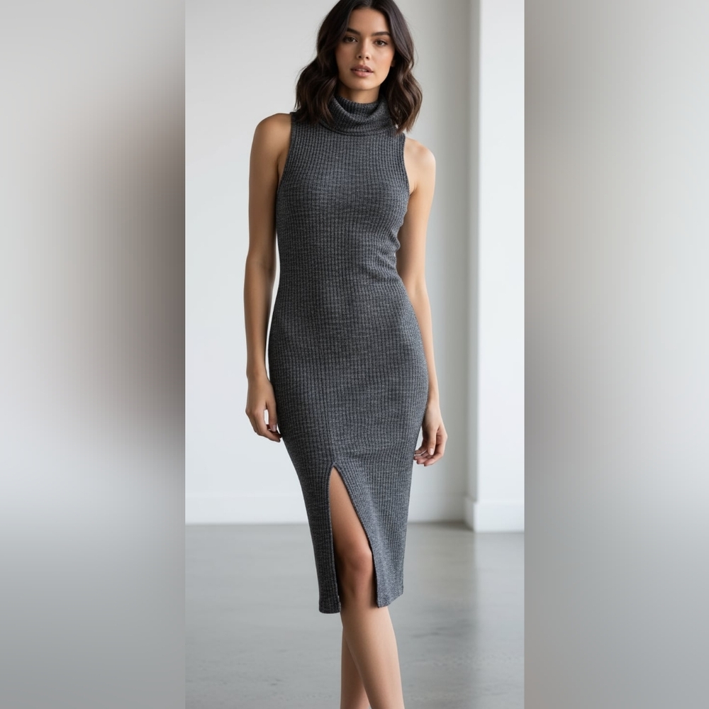 Sleeveless Gray Knit Turtleneck Midi Dress By Polly & Esther - Small - Picture 1 of 4